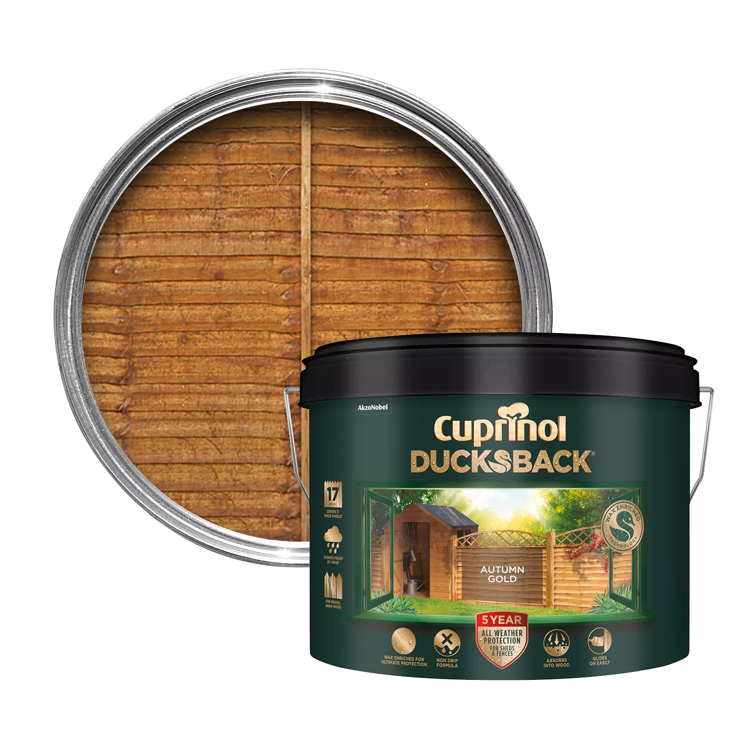 Cuprinol 5 Year Ducksback Autumn Gold Fence & Shed Treatment, 9L 1 Cuprinol 5 Year Ducksback Autumn Gold Fence & Shed Treatment, 9L
