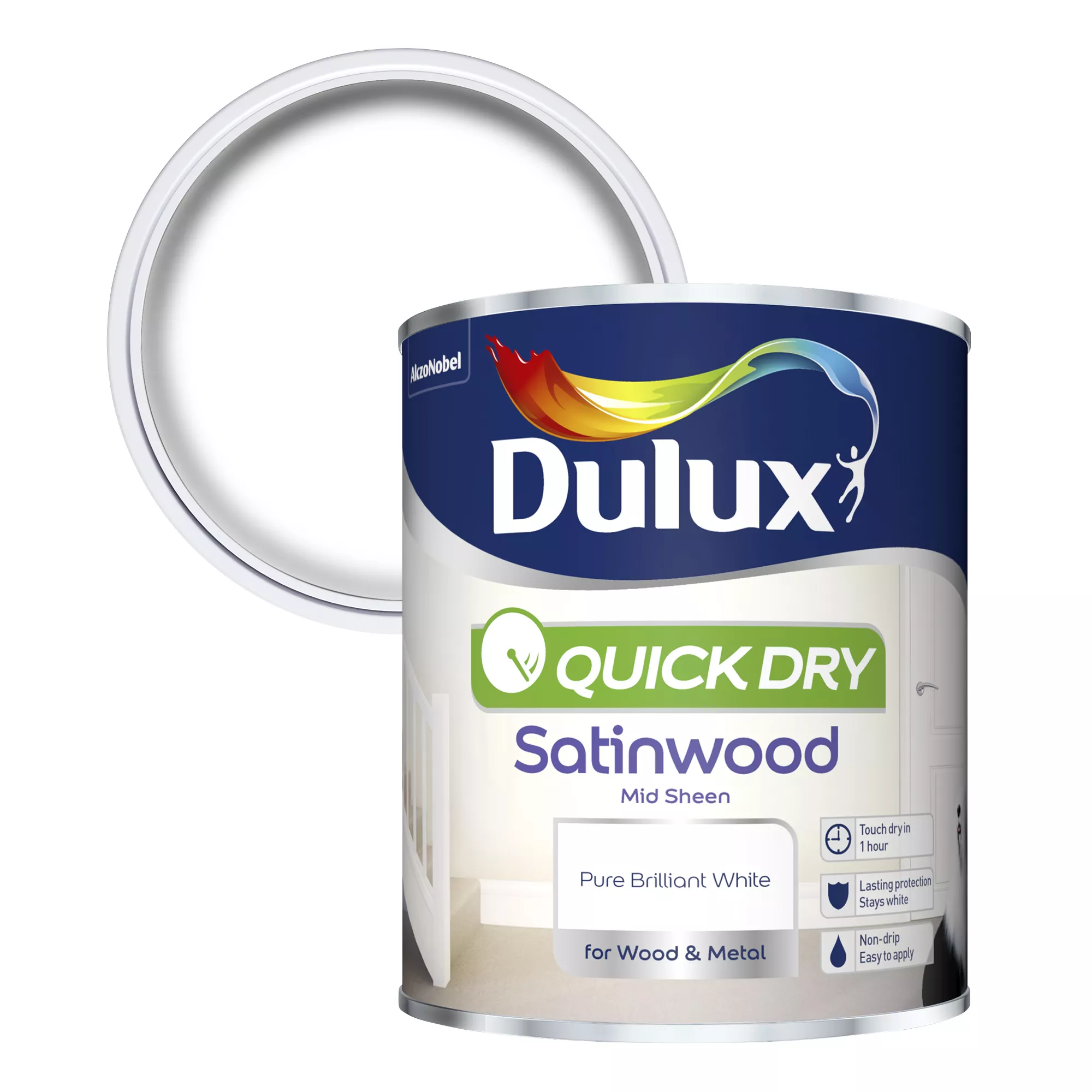 Dulux Quick Dry Pure Brilliant White Satinwood Metal & Wood Paint, 750ml 1 Dulux Quick Dry Pure Brilliant White Satinwood Metal & Wood Paint, 750ml