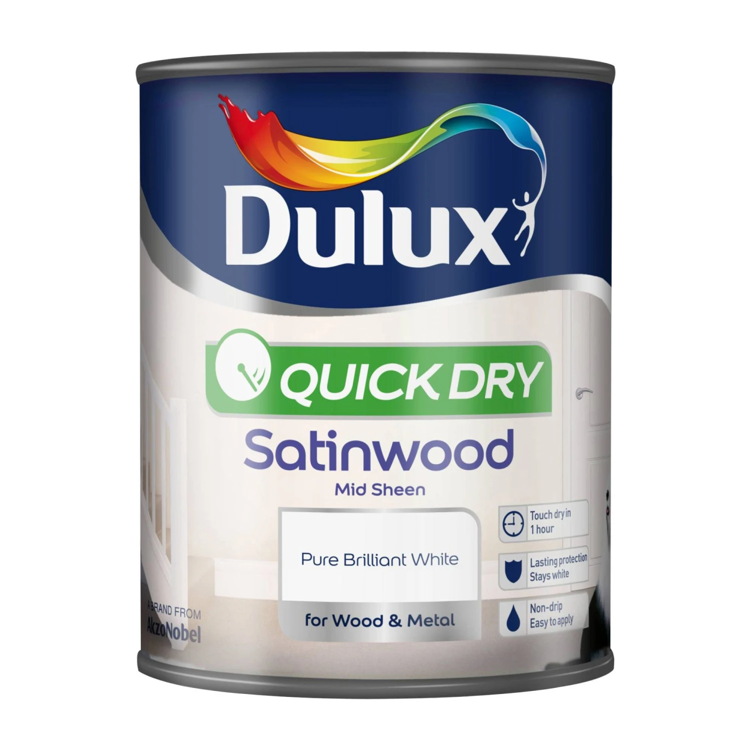 Dulux Quick Dry Pure Brilliant White Satinwood Metal & Wood Paint, 750ml 2 Dulux Quick Dry Pure Brilliant White Satinwood Metal & Wood Paint, 750ml - Image 2