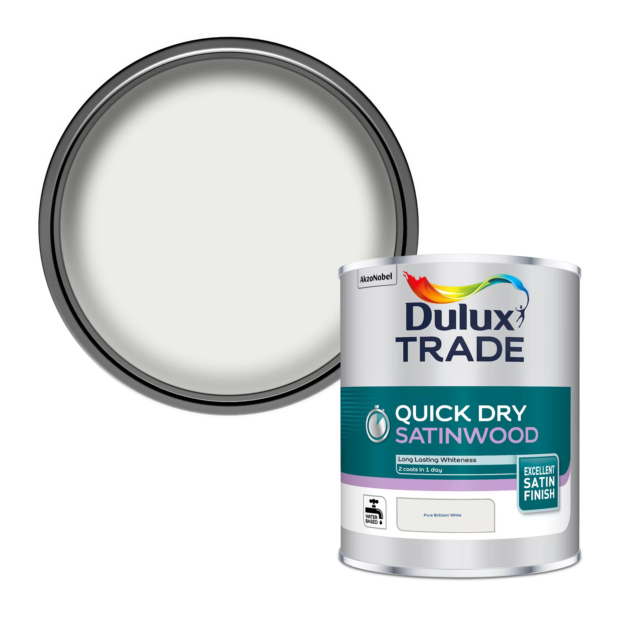 Dulux Trade Quickdry Pure Brilliant White Satinwood Metal & Wood Paint, 1L 1 Dulux Trade Quickdry Pure Brilliant White Satinwood Metal & Wood Paint, 1L