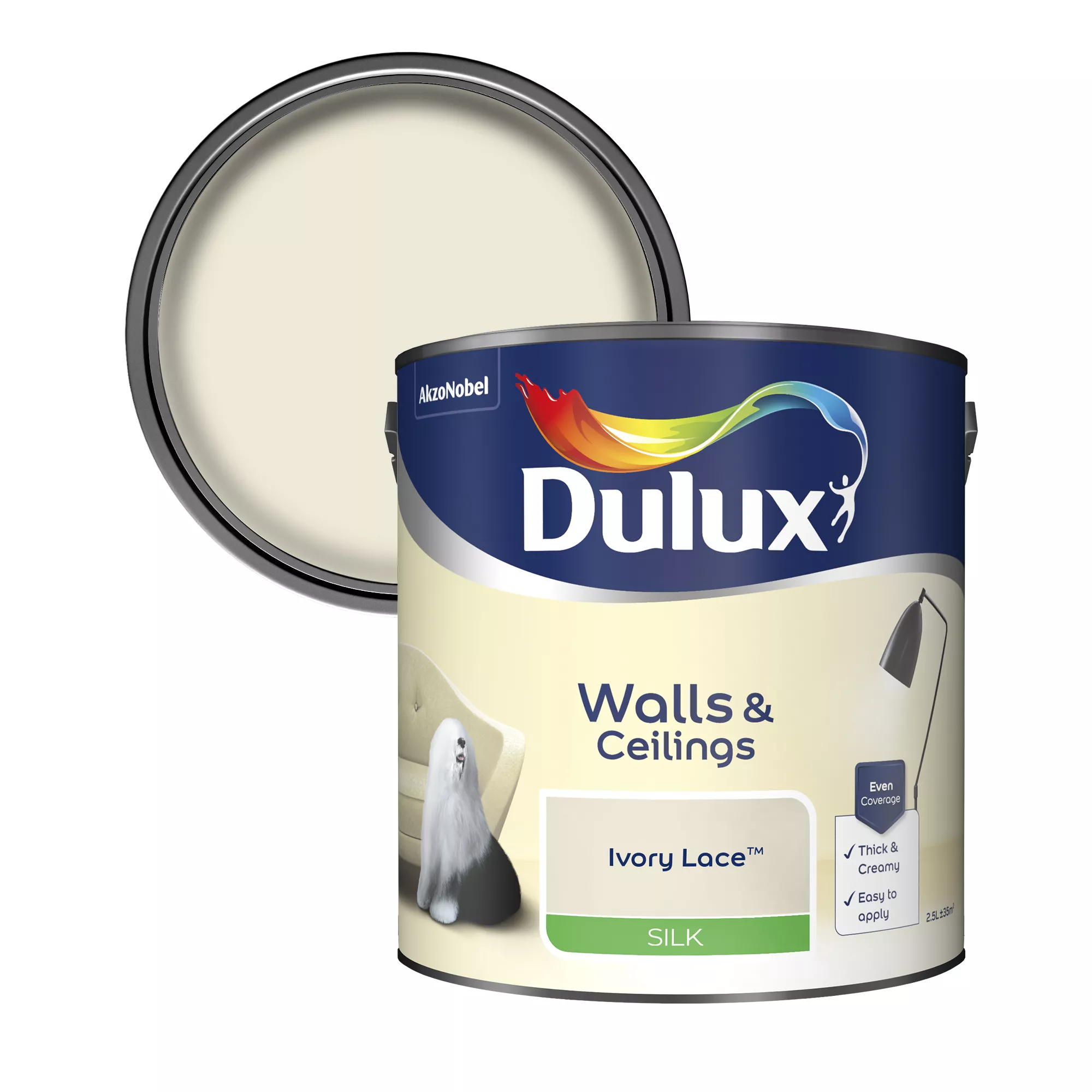 Dulux Walls & Ceilings Ivory Lace Silk Emulsion Paint, 2.5L 1 Dulux Walls & Ceilings Ivory Lace Silk Emulsion Paint, 2.5L