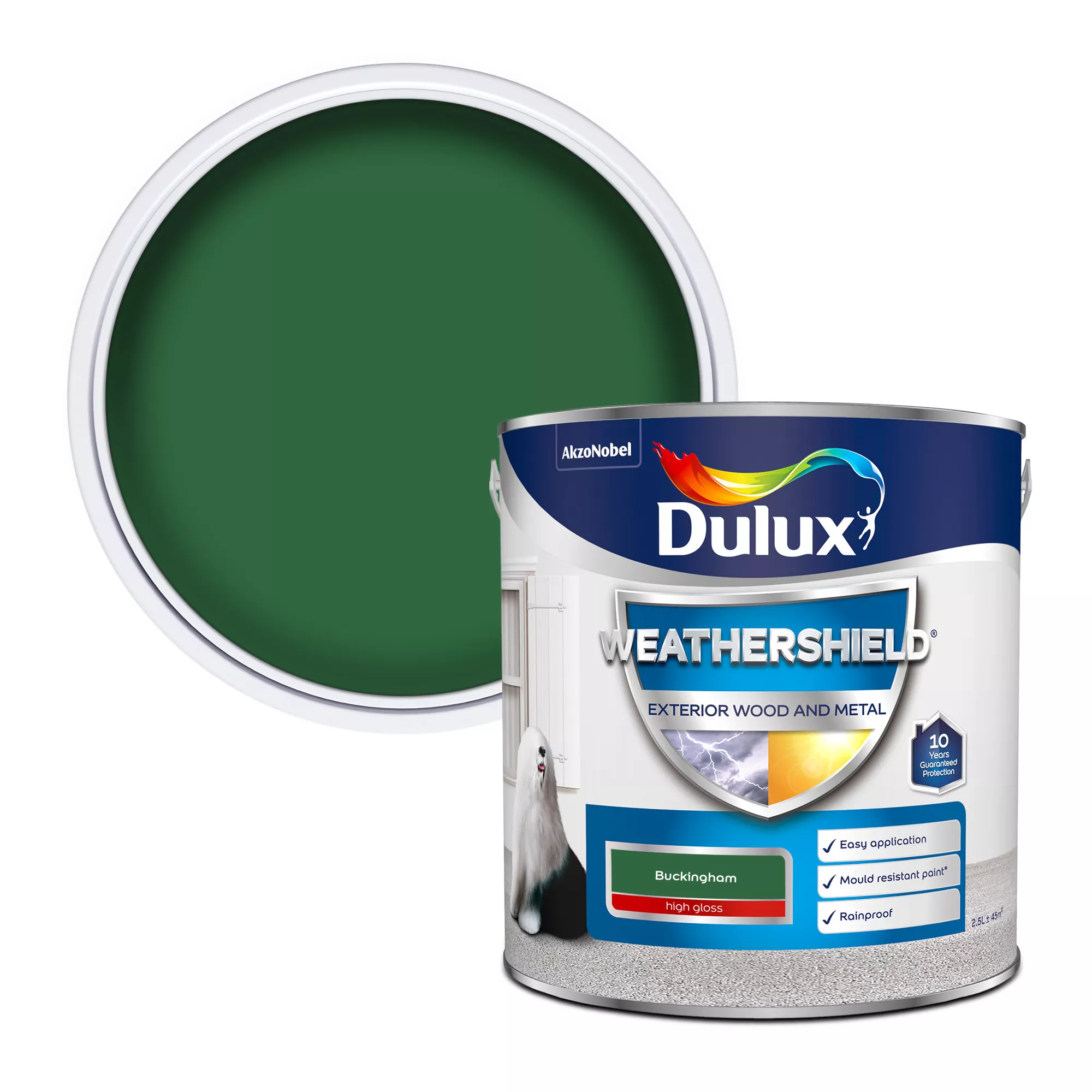 Dulux Weathershield Buckingham Green Gloss Exterior Metal & Wood Paint, 2.5L 1 Dulux Weathershield Buckingham Green Gloss Exterior Metal & Wood Paint, 2.5L