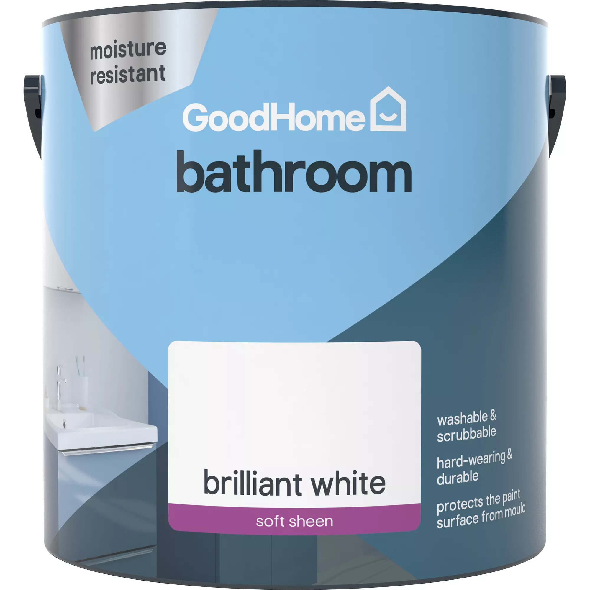 GoodHome Bathroom Brilliant White Soft Sheen Emulsion Paint, 2.5L 2 GoodHome Bathroom Brilliant White Soft Sheen Emulsion Paint, 2.5L - Image 2