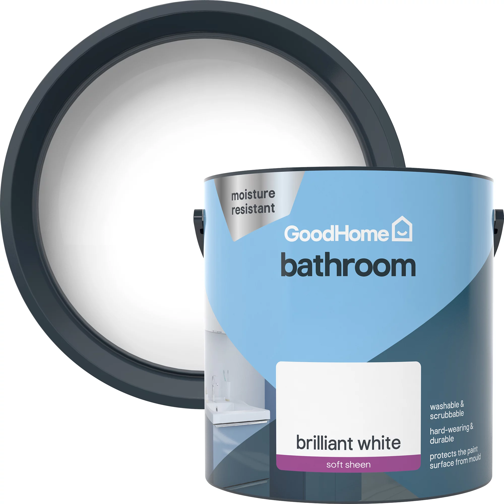 GoodHome Bathroom Brilliant White Soft Sheen Emulsion Paint, 2.5L 1 GoodHome Bathroom Brilliant White Soft Sheen Emulsion Paint, 2.5L