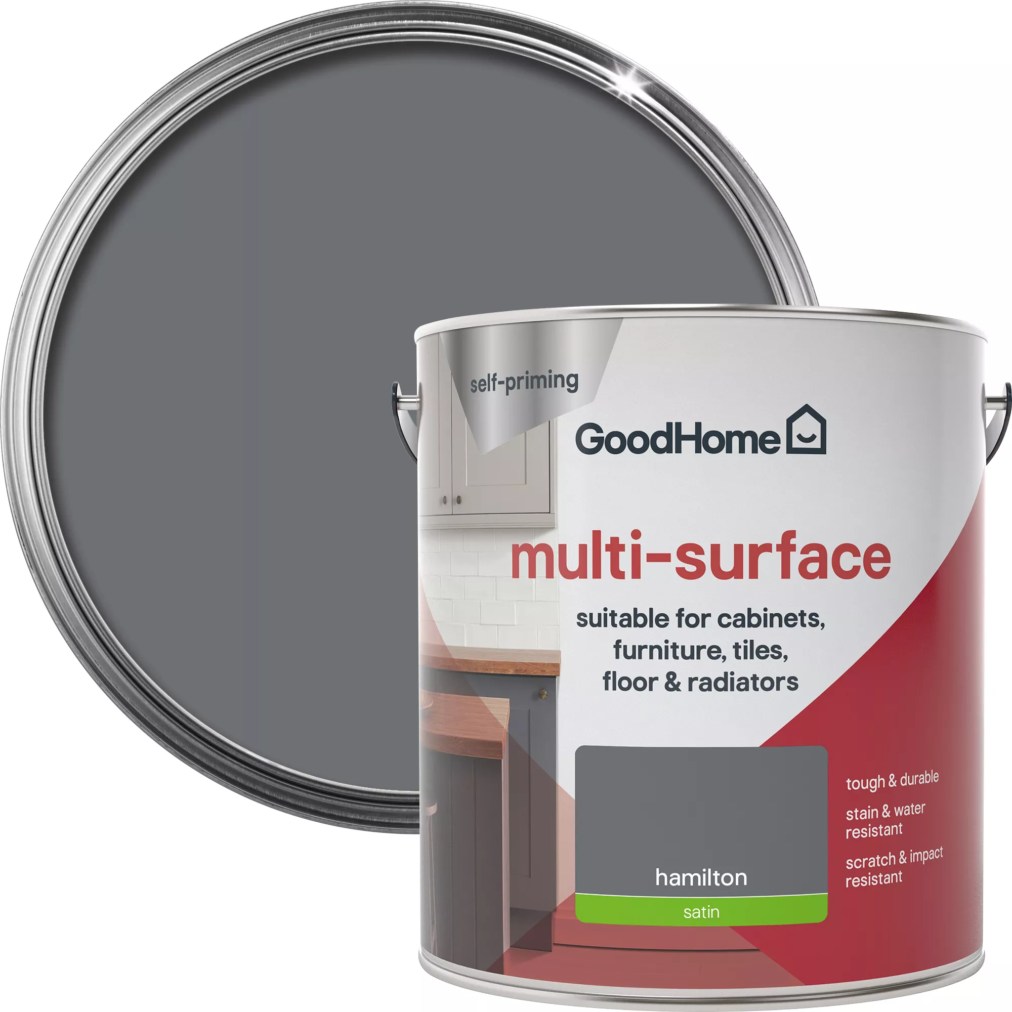 GoodHome Durable Hamilton Satin Multi-surface Paint, 2L 1 GoodHome Durable Hamilton Satin Multi-surface Paint, 2L