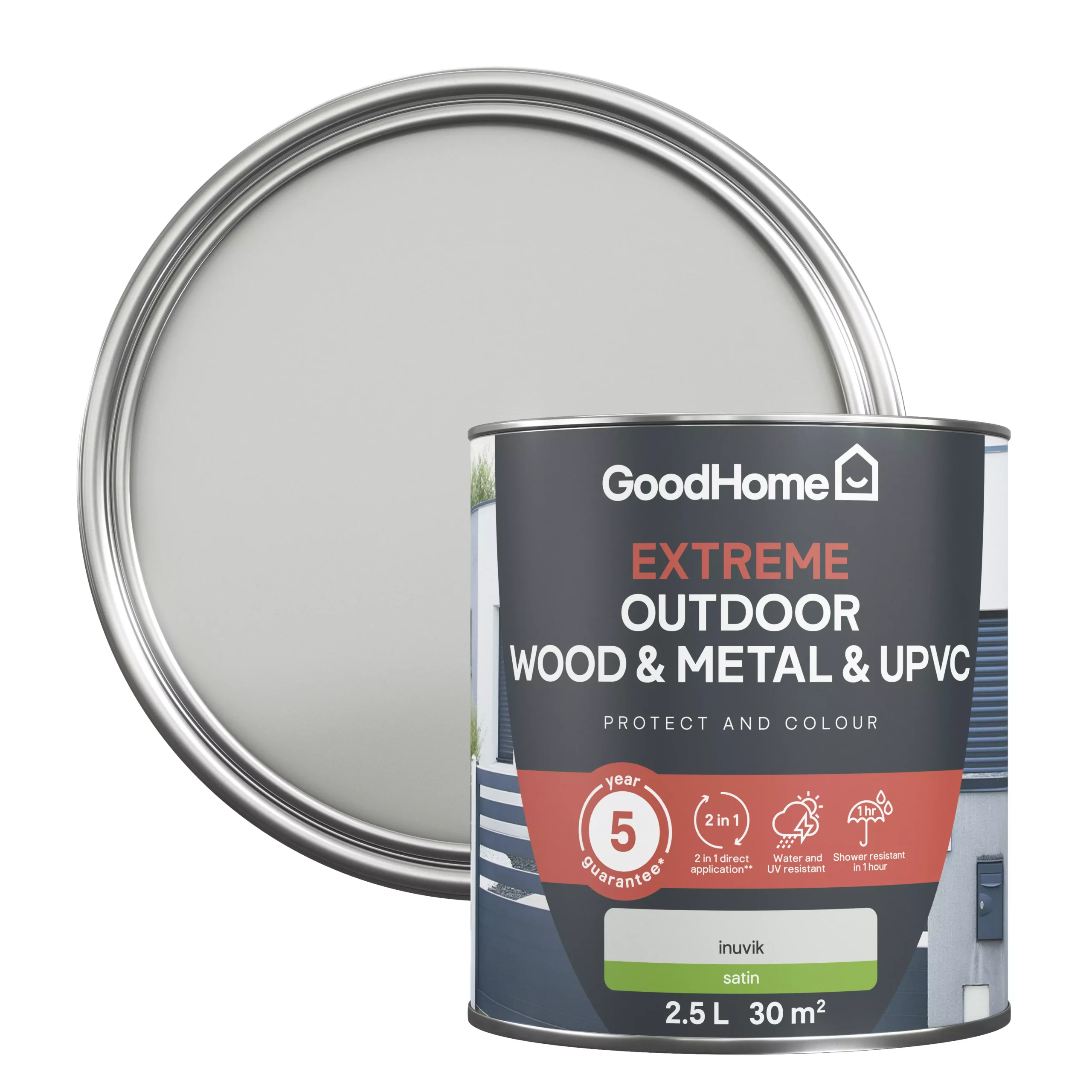 GoodHome Extreme Outdoor Inuvik Satinwood Multi-surface Paint, 2.5L 1 GoodHome Extreme Outdoor Inuvik Satinwood Multi-surface Paint, 2.5L