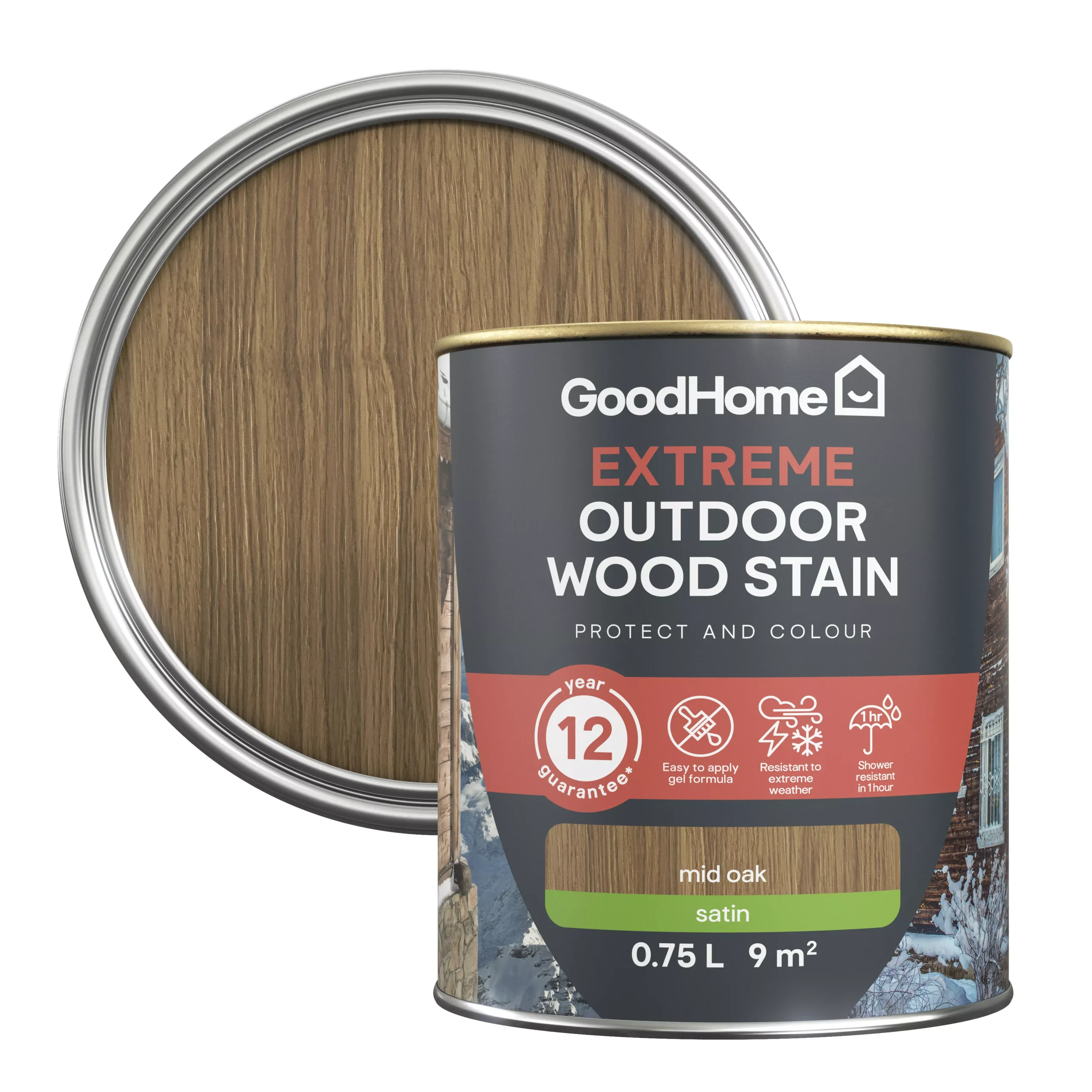 GoodHome Extreme Outdoor Mid Oak Satin Quick Dry Wood Stain, 750ml 1 GoodHome Extreme Outdoor Mid Oak Satin Quick Dry Wood Stain, 750ml
