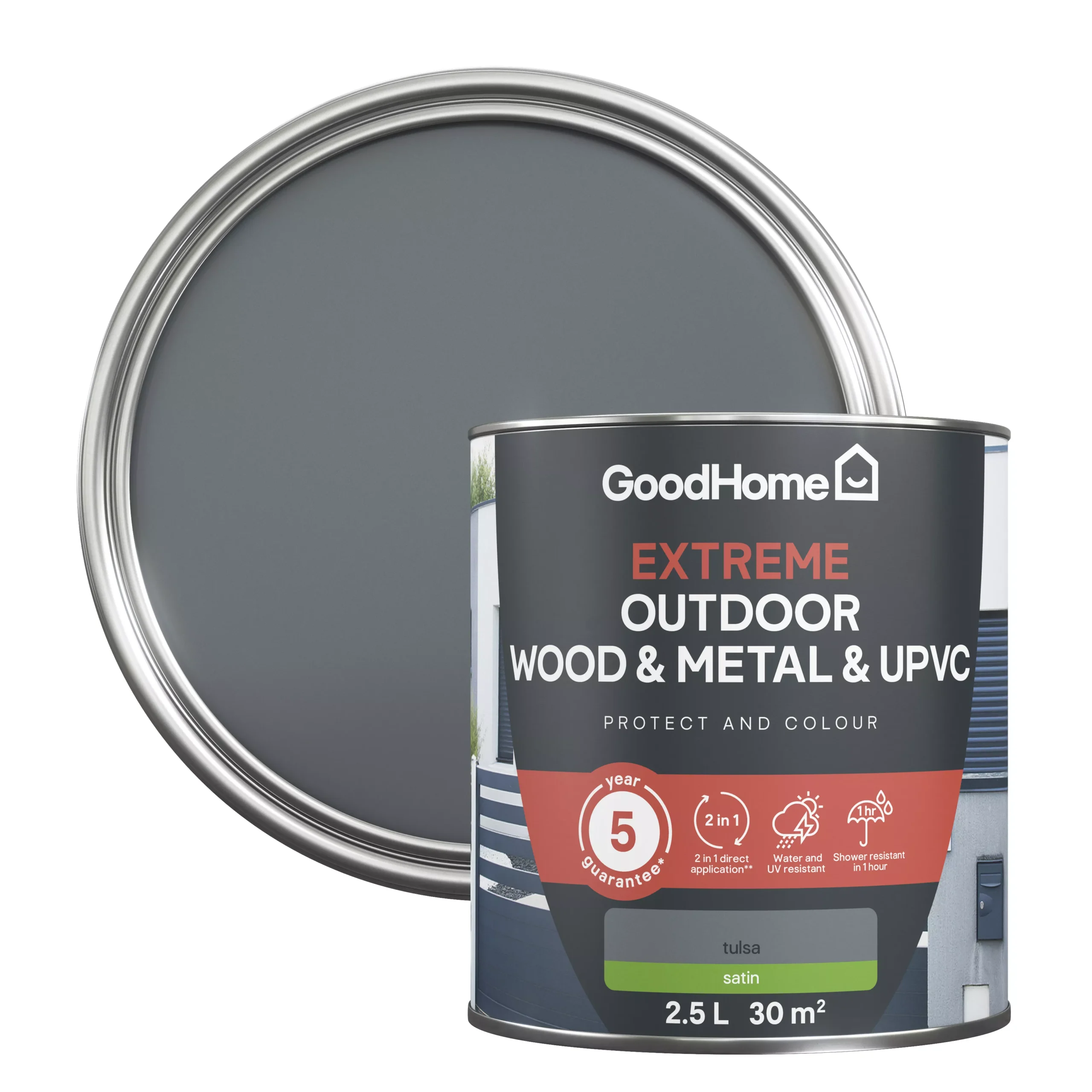 GoodHome Extreme Outdoor Tulsa Satinwood Multi-surface Paint, 2.5L 1 GoodHome Extreme Outdoor Tulsa Satinwood Multi-surface Paint, 2.5L