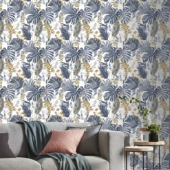 GoodHome Ferula Blue Tropical Leaves Textured Wallpaper -Home Paint Shop goodhome ferula blue tropical leaves textured wallpaper3663602561446 02i bq