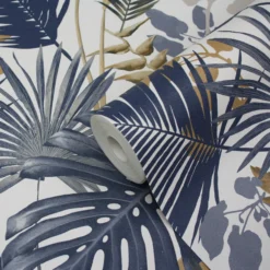 GoodHome Ferula Blue Tropical Leaves Textured Wallpaper