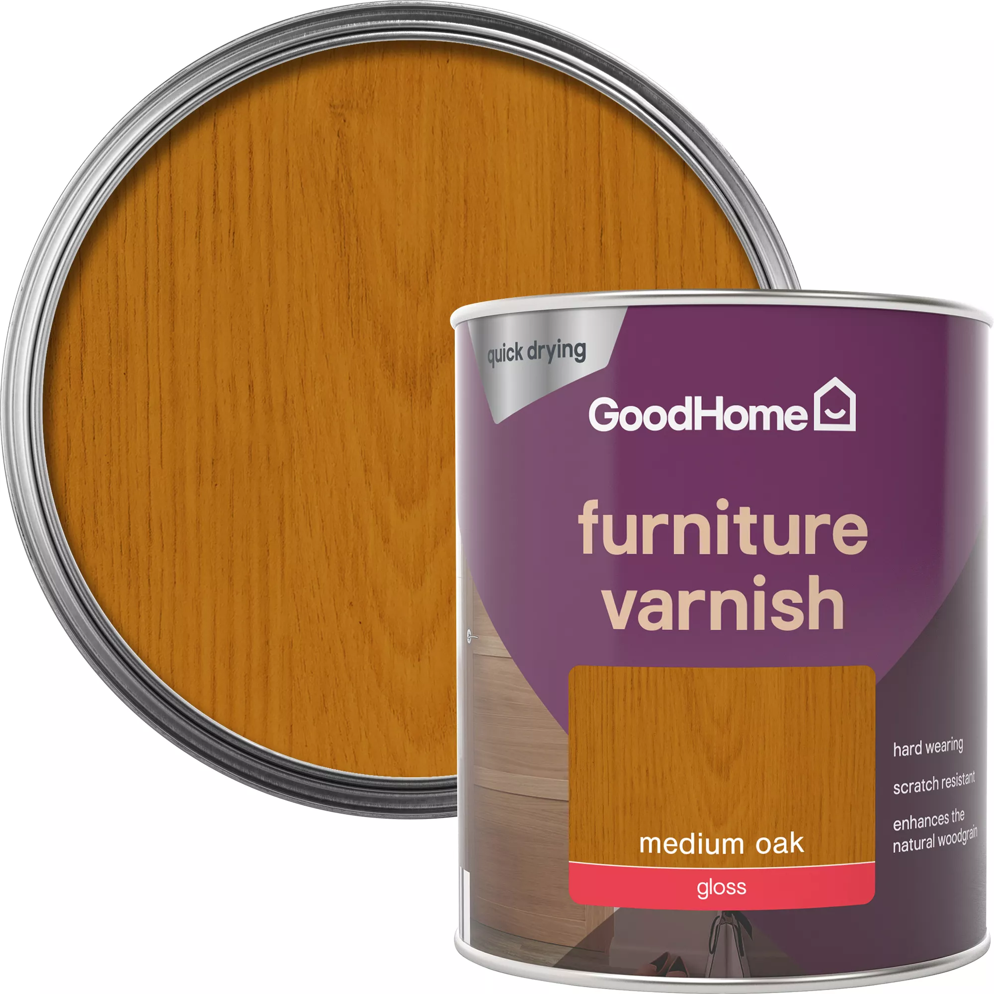GoodHome Medium Oak Gloss Multi-surface Furniture Wood Varnish, 750ml 1 GoodHome Medium Oak Gloss Multi-surface Furniture Wood Varnish, 750ml