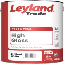Leyland Trade Pure Brilliant White Gloss Metal & Wood Paint, 5L