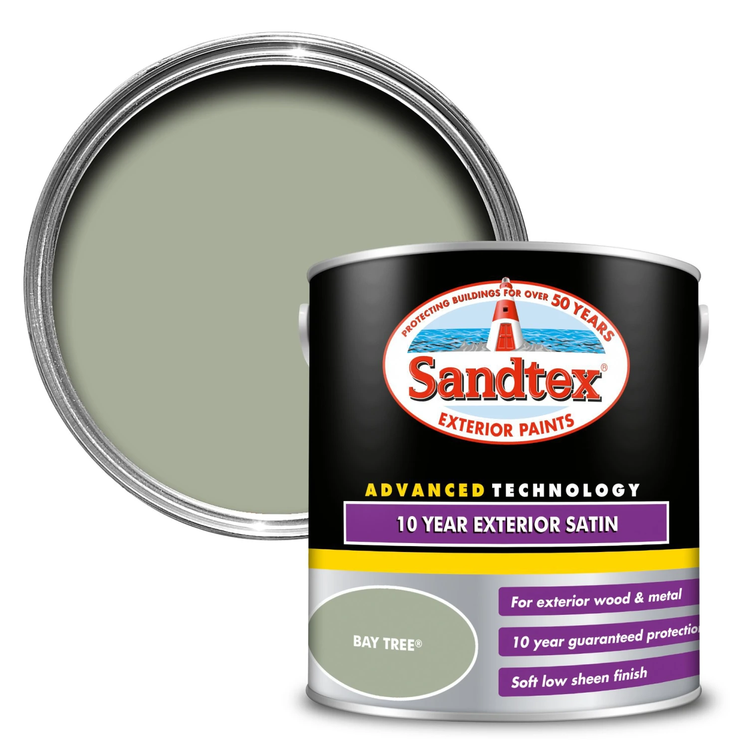 Sandtex 10 Year Bay Tree Satinwood Exterior Metal & Wood Paint, 2.5L 1 Sandtex 10 Year Bay Tree Satinwood Exterior Metal & Wood Paint, 2.5L