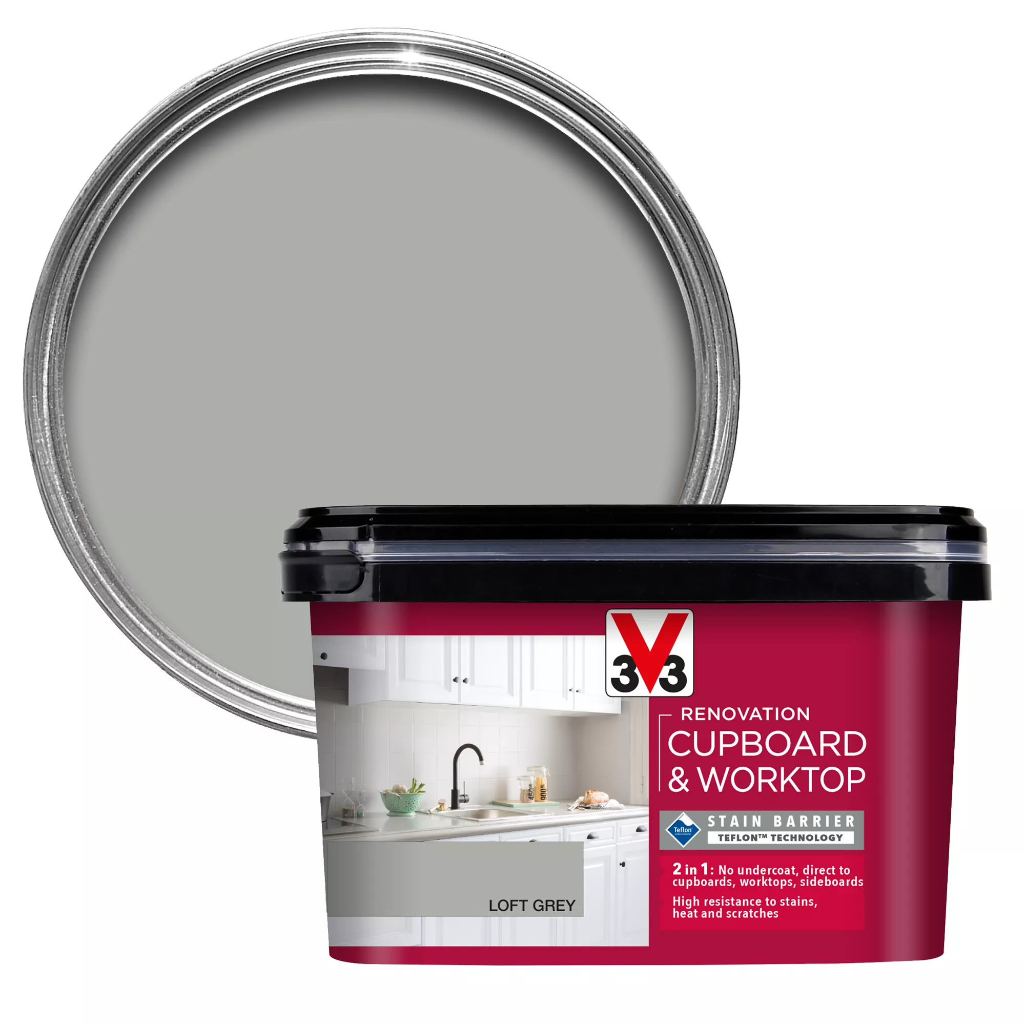 V33 Renovation Loft Grey Satinwood Cupboard & Cabinet Paint, 2L 1 V33 Renovation Loft Grey Satinwood Cupboard & Cabinet Paint, 2L